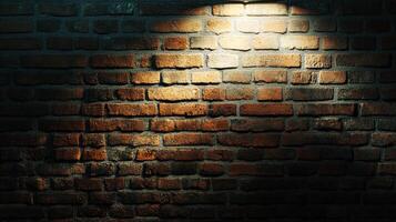Spotlit brick wall with texture and shadow. A simple architectural element with an aged, rustic feel under concentrated light. photo