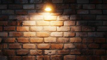 Illuminated brick wall creates an industrial atmosphere. The overhead light casts a warm glow, highlighting the textures of the masonry. photo