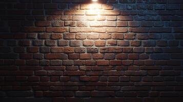 Illuminated brick wall showcasing texture. The light highlights details, creating a contrast between light and shadow on the aged brick surface. photo