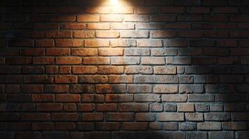 A textured brick wall under a spotlight, creating dramatic light and shadow interplay, highlighting surface details and depth. photo