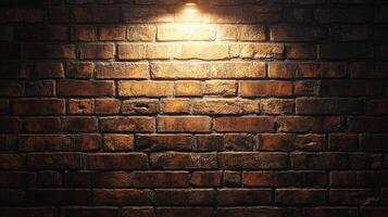 A textured brick wall is illuminated by a warm, focused light source, casting shadows and highlighting the rough surface of the bricks. photo