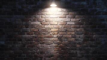 A textured brick wall under direct illumination, creating shadows and highlighting the rough surfaces of the aged material. photo