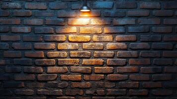 Illuminated brick wall with dramatic lighting. Texture of brick with colors from orange to blue. Interior setting for a moody effect. photo