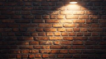 Illuminated brick wall. A single light casts a bright glow on the brick, emphasizing the textures and colors of the construction. photo