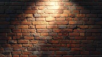 Textured brick wall with a warm spotlight illuminating the center, creating a contrast between light and shadow on the brick surface. photo