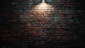 Textured brick wall with dark, gritty textures. A spotlight shines from above, highlighting the brickwork and emphasizing the rough surface. photo