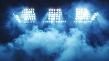 Illuminated stadium lights pierce through a thick fog, creating a dramatic, atmospheric effect under a dark night sky. photo