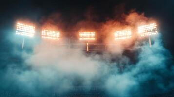 Night stadium lights blaze through a haze, illuminating the scene with vibrant colors in a moment of anticipation and excitement. photo