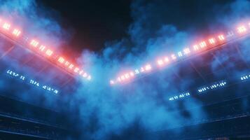 Illuminated stadium with colored lights. Blue haze and smoke. View from below. The seats are in the shadows of the night sky. photo