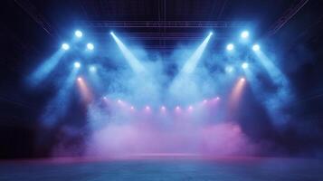 Illuminated stage awash in vibrant blue and magenta hues, highlighting a mesmerizing fog effect, ready for a performance or event. photo