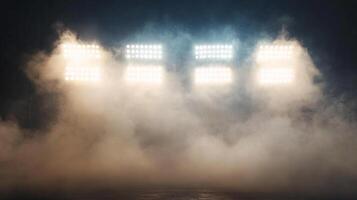 Eerie scene with powerful stadium lights cutting through thick fog, creating a mystical and cinematic atmosphere. Dramatic lighting. Dark background. photo