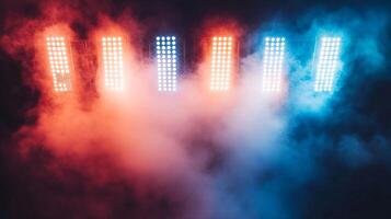 Stage Lighting and Mist. An artful depiction of light fixtures shrouded in theatrical fog, creating an atmosphere of mystery and drama. photo