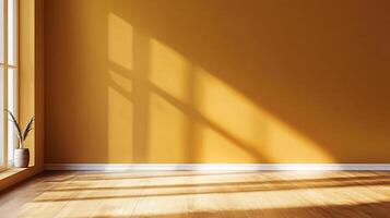 Minimalist room with golden wall and light, wooden floor, simple plant near window. Sunlight casting shadows create texture and warmth. photo