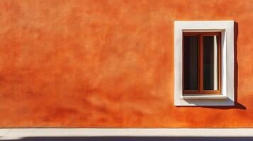 A vibrant orange wall features a window with a white frame, casting interesting shadows that add depth and contrast to the scene. photo