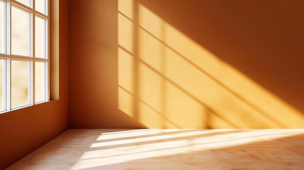 Sunlight streams through a window, casting linear shadows across the amber-toned wall and floor in an empty room, creating a warm ambiance. photo