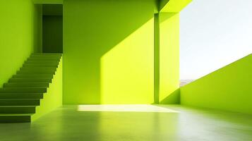 A minimalist lime green interior featuring a staircase and an angular window, illuminated by natural light, creating a modern atmosphere. photo