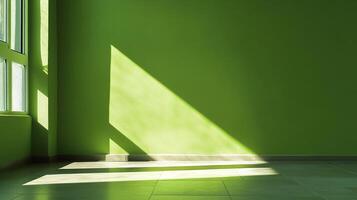 Sunlight streaks across a green room, creating a geometric pattern on the floor, reflecting the vibrant color and highlighting the interior. photo
