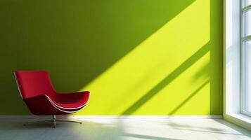 Modern interior featuring a stylish red chair against a bright green wall, lit by sunlight streaming in from a nearby window. photo
