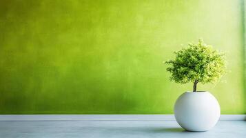 A vibrant green wall serves as the backdrop for a small tree planted in a modern, spherical, white pot in a minimalist and bright space. photo
