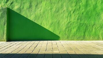 Geometric shadow play on a vibrant green wall, textured pavement below, contrasting light and form for a visually striking composition. photo