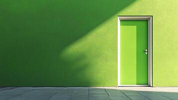 An inviting green door is positioned on a textured wall, bathed in sunlight and shadows, creating an optimistic mood and visual harmony. photo