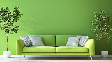 Bright green interior with a sofa, patterned pillows, and potted plants against a solid green wall in a minimalist setting. photo