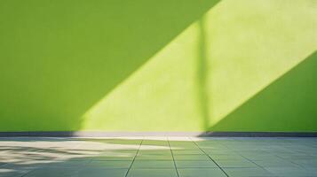 A vivid green wall intersected by a striking beam of sunlight, casting shadows onto a tiled floor, creating contrast and geometry. photo