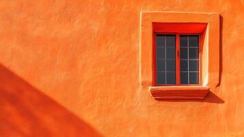 Window set in a vibrant, textured orange wall, basking in sunlight, creating striking shadows and visual interest. Warm and inviting. photo