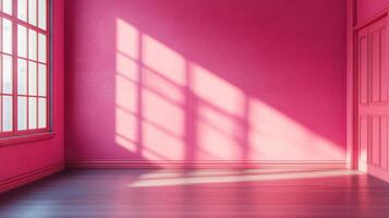 Minimalist pink room with window casting grid shadows on the wall and floor. The room is simple and uncluttered, bathed in warm light. photo