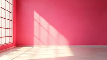 Sunlit room with pink walls, white floor, and large window, creating a bright and inviting space with a modern aesthetic. photo