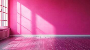 Interior design showcasing a vibrant pink room, sunlight streaming through window casting shadows on wall. Modern, clean lines accentuate space. photo