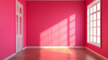 Bright pink room with sunlight streaming through a white-framed window and reflecting off the polished wooden floor, creating a warm ambiance. photo