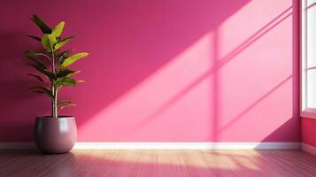 A vibrant indoor scene featuring a lush green plant in a pot against a vivid pink wall illuminated by sunlight, creating a calming atmosphere. photo