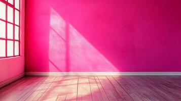 Sunlight streams into a vibrant pink room, illuminating the wooden floor. The bright wall creates a striking contrast with the window. photo
