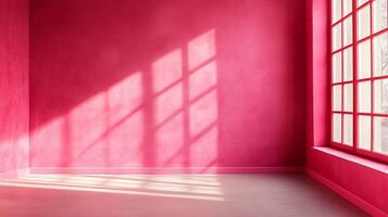 A room bathed in pink hues, light streams through window panes, casting shadows on the wall. Simplicity and color create a unique atmosphere. photo