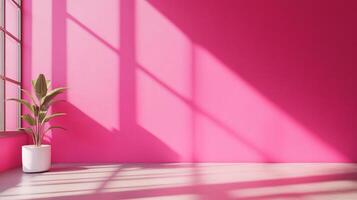 Sunlit pink wall, casting shadow patterns, and green potted plant create a serene interior, embodying modern simplicity and vibrant hues. photo