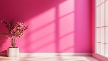 A vibrant indoor setting with a lush potted plant against a pink wall, bathed in the soft light streaming through the window. Serene ambiance. photo