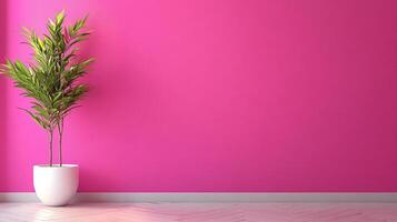 A potted plant stands against a vibrant pink wall, creating a bold contrast in a bright, minimalist interior setting. Serene and modern. photo