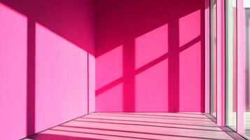 Vivid pink room bathed in sunlight, shadows dancing across the walls and floor, creating an abstract and visually captivating scene. photo
