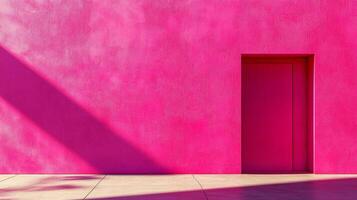Bright pink wall and matching door with strong shadows creating stark contrasts and graphic design elements in architectural photography. photo