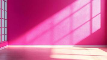 A vibrant pink room with sunlight streaming through a window, creating geometric light patterns on the wall and highlighting the wooden floor. photo