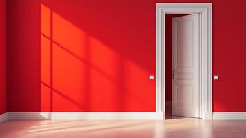 Open white door in vibrant red room with window light casting shadows, adding depth. Modern interior design featuring contrast and simplicity. photo