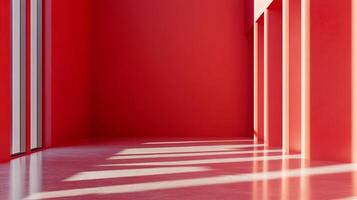 Abstract architectural interior bathed in red hues, with strong light and shadow interplay emphasizing minimalist design and geometric form. photo