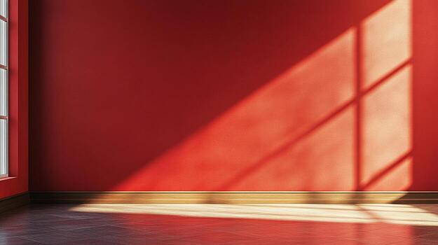 A red room interior is illuminated by a soft, sunlit glow filtering through a window, creating a warm and inviting atmosphere. photo