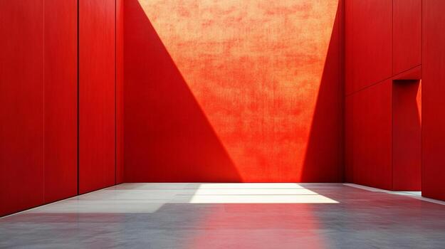 Bold red room with geometric light patterns creating a striking visual effect and a contemporary, abstract architectural scene. photo