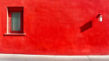 Striking red wall featuring a barred window on the left and a small light fixture on the right casting a sharp shadow. photo