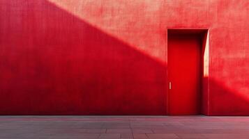 A vibrant red wall with a door, illuminated by sunlight creating a striking contrast and minimalist composition. photo