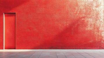 Minimalist architecture featuring a bright red textured wall with a flush doorway, contrasted by a light-colored tiled floor. photo