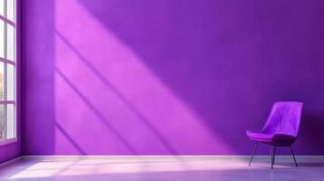 Vibrant room featuring a stylish chair against a purple wall, illuminated by natural light streaming through a window, creating a serene ambiance. photo
