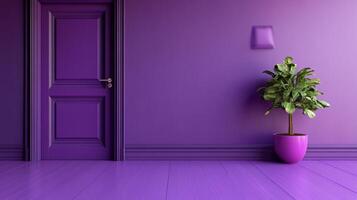 Monochromatic interior with purple door, walls, floors, and accents, featuring a potted green plant adding a touch of nature to the space. photo